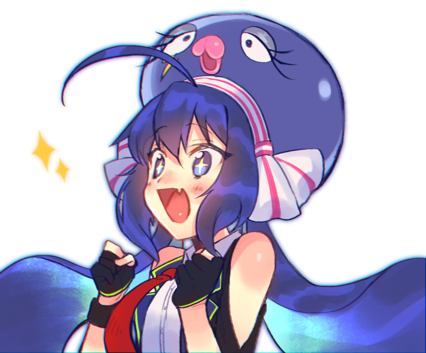 1girl, :d, ahoge, bangs, bare_shoulders, black_gloves, blue_eyes, blue_hair