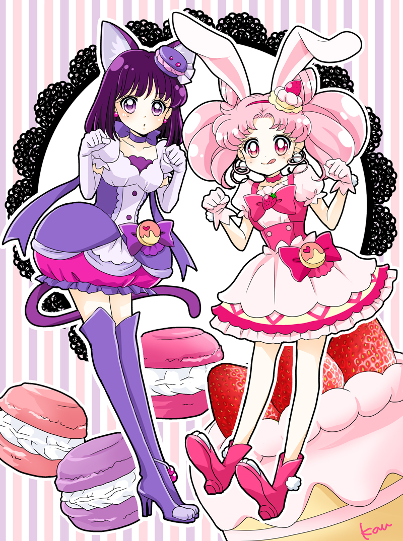 2girls, :q, animal_ears, bishoujo_senshi_sailor_moon, boots, bow, bubble_skirt, cake_hair_ornament