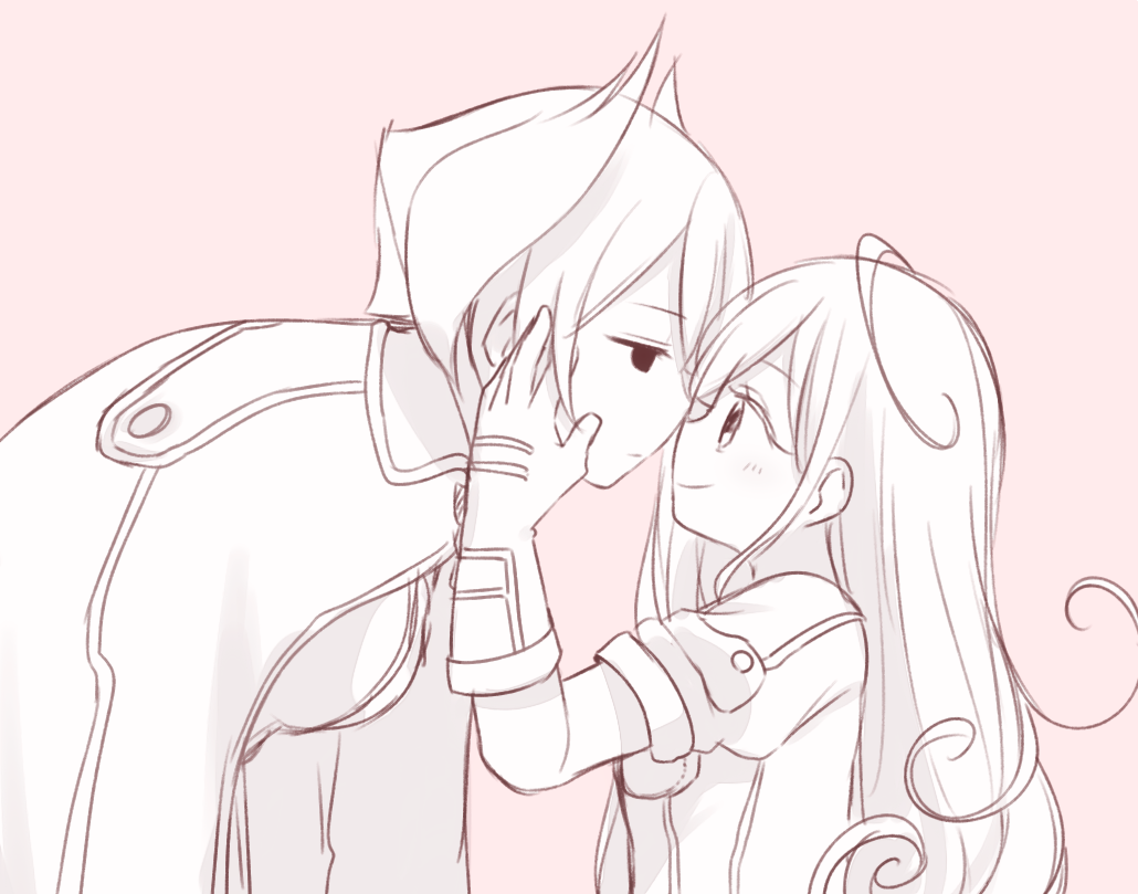 2girls, ahoge, cape, closed_mouth, curly_hair, eye_contact, face-to-face, from_side