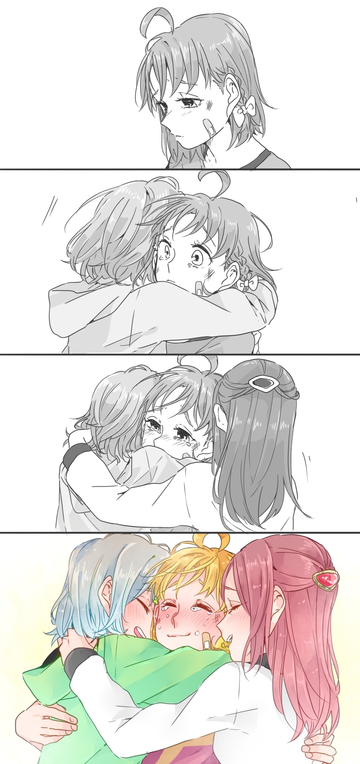 15kasikaze15, 3girls, absurdres, ahoge, bandaid, blush, braid, closed_eyes