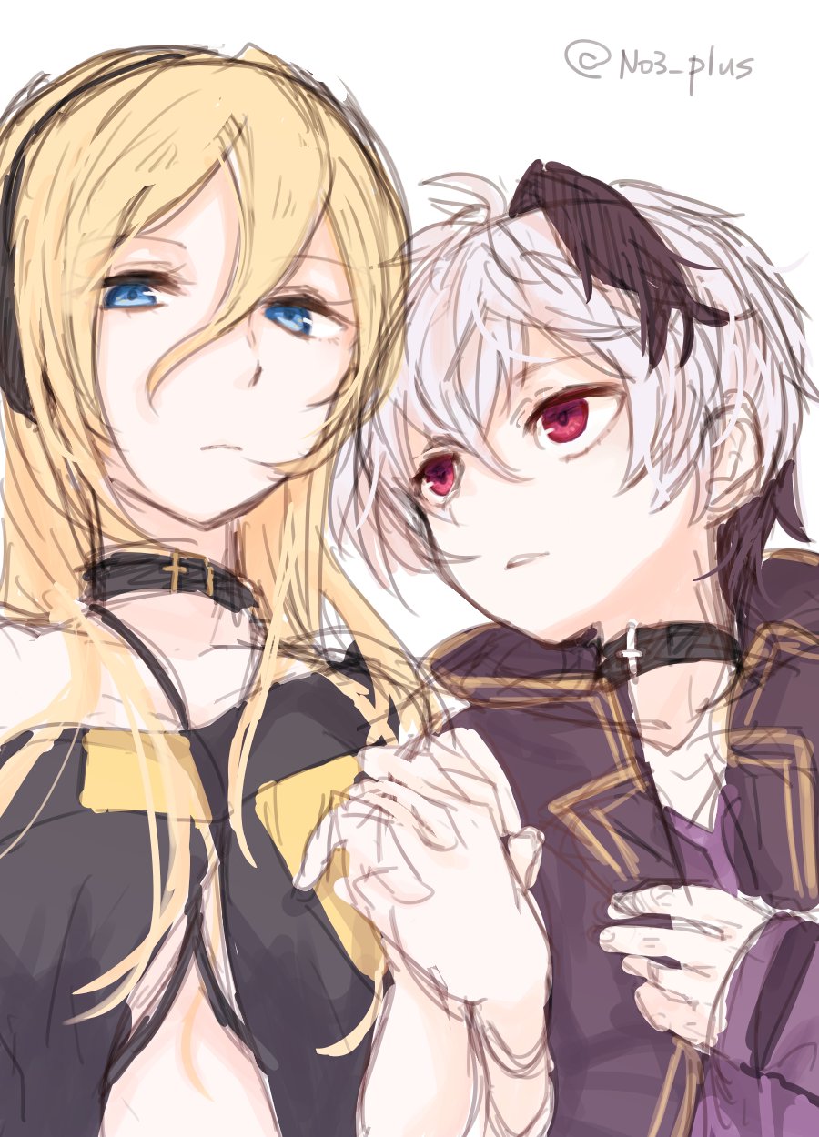 2girls, androgynous, blonde_hair, blue_eyes, choker, flower_(vocaloid), flower_(vocaloid4), hand_holding