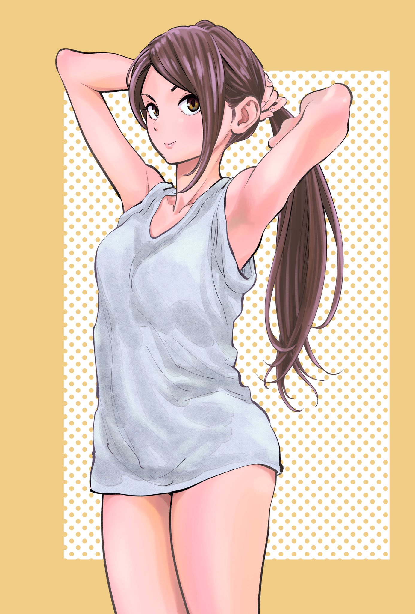 1girl, amakasu_an, brown_hair, dress, highres, long_hair, mori_taishi, official_art