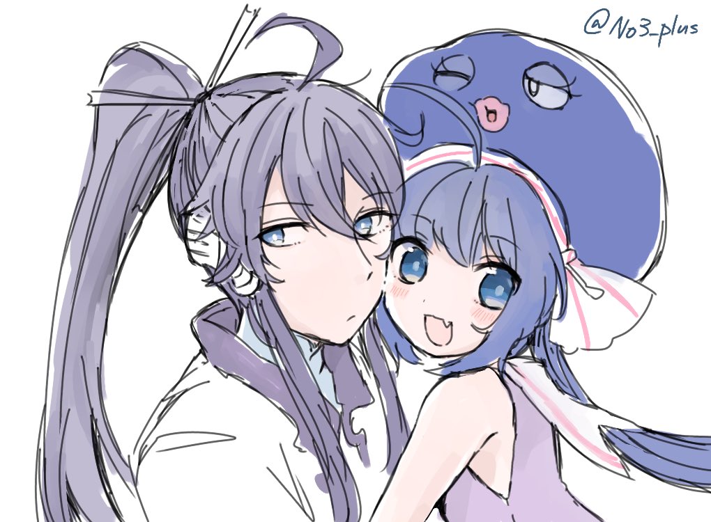 1boy, 1girl, :d, blue_eyes, blue_hair, closed_mouth, eyebrows_visible_through_hair, fang