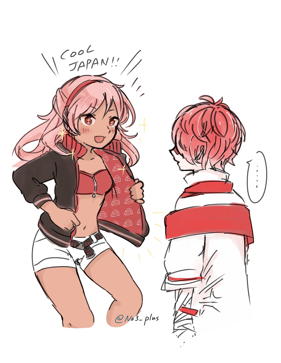 1boy, 1girl, color_connection, cowboy_shot, cropped_jacket, dark_skin, english, fukase, highres, midriff, n03+, no3+, pink_hair, red_eyes, redhead, ruby_(vocaloid), short_hair, shorts, simple_background, smile, twitter_username, vocaloid, white_background, white_shorts