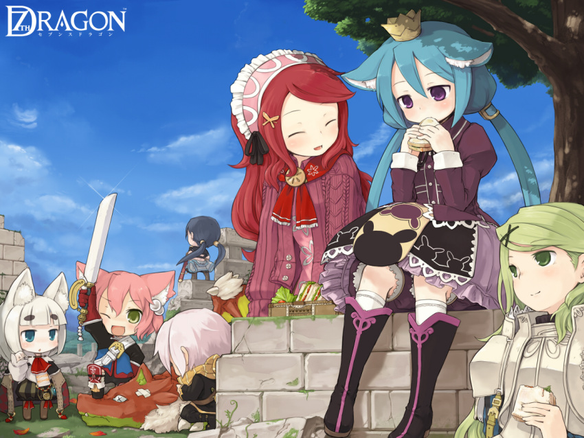 7th_dragon, animal_ears, blue_eyes, boots, crown, dress, fighter_(7th_dragon), green_eyes