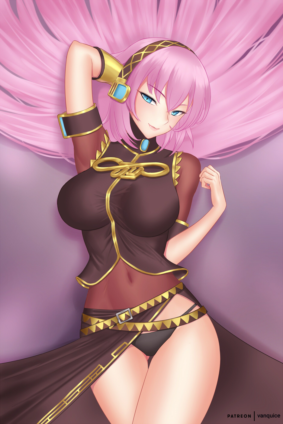 1girl, black_panties, blue_eyes, blush, breasts, closed_mouth, covered_navel, cowboy_shot, hair_between_eyes, headphones, highres, large_breasts, long_hair, long_skirt, looking_at_viewer, megurine_luka, panties, pink_hair, side_slit, skirt, smile, solo, undershirt, underwear, vanquice, very_long_hair, vocaloid
