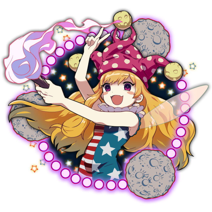 1girl, american_flag_dress, bare_arms, blonde_hair, blush_stickers, clownpiece, danmaku, denim2, dress, fairy_wings, fire, hat, jester_cap, long_hair, moon, neck_ruff, open_mouth, pale_skin, polka_dot, sleeveless, sleeveless_dress, smile, solo, star, star_print, striped, torch, touhou, transparent_background, v, very_long_hair, violet_eyes, wings