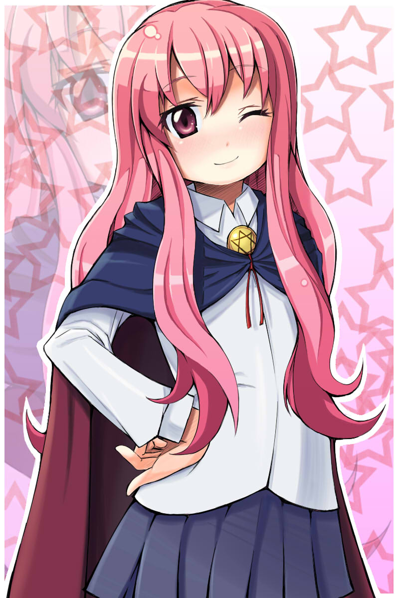 atsubou, blush, cape, highres, long_hair, louise_francoise_le_blanc_de_la_valliere, pink_eyes, pink_hair