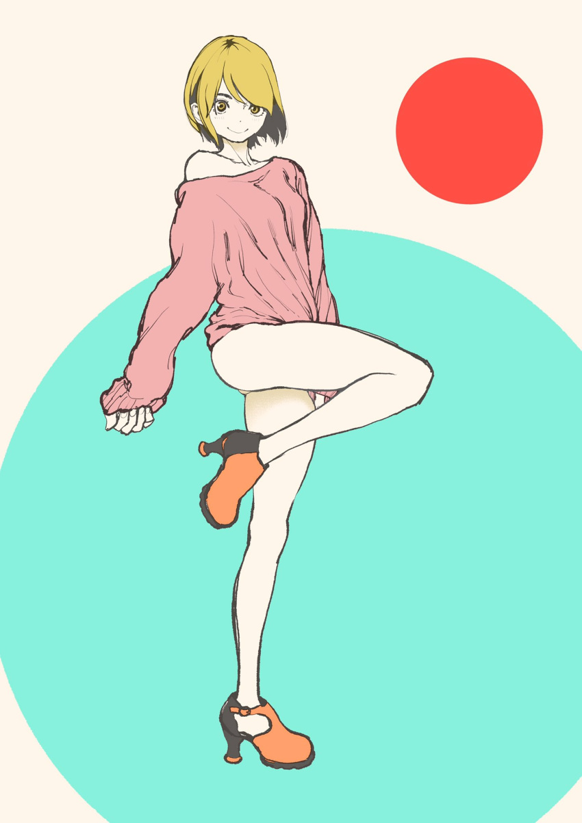 1girl, bare_shoulders, copyright_request, highres, legs_up, mori_taishi, short_hair, sweater