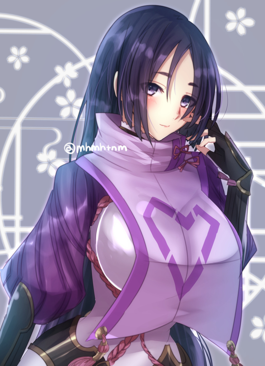1girl, absurdres, black_gloves, blush, bracer, breasts, closed_mouth, eyes_visible_through_hair