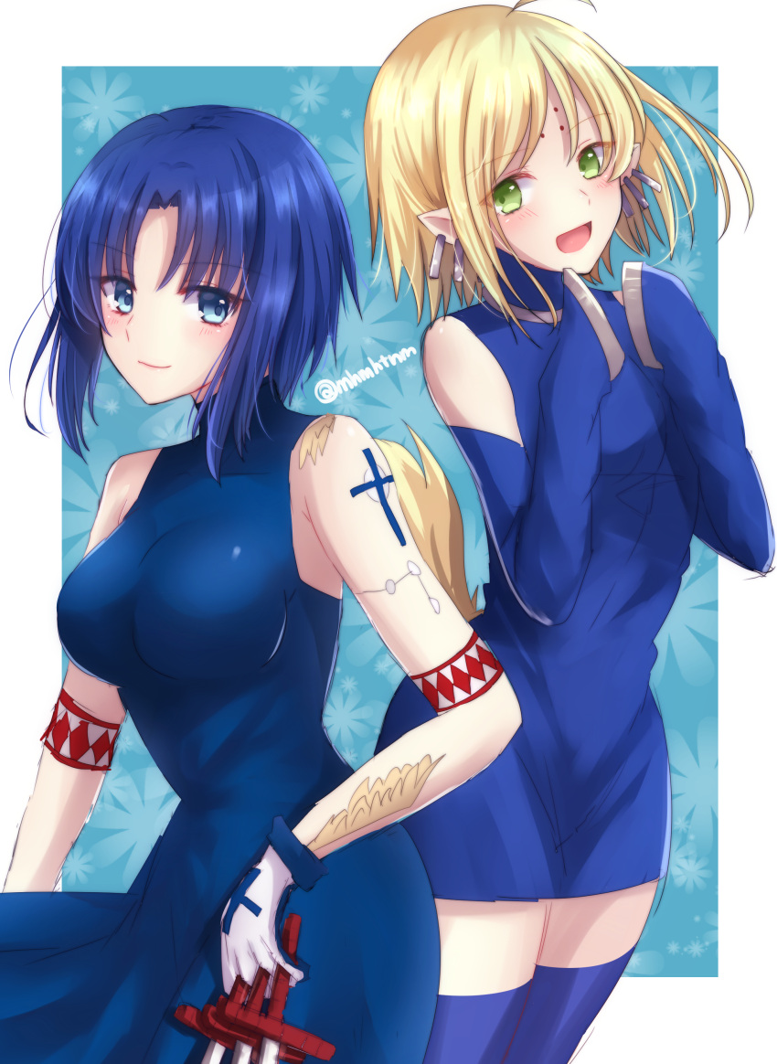 2girls, absurdres, bare_shoulders, black_keys, blonde_hair, blue_dress, blue_eyes, blue_hair