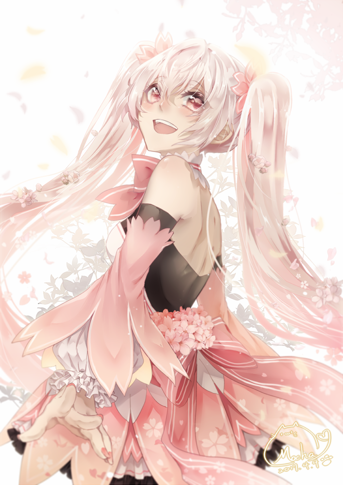 1girl, 2017, :d, choker, dated, detached_sleeves, eyebrows_visible_through_hair, floating_hair