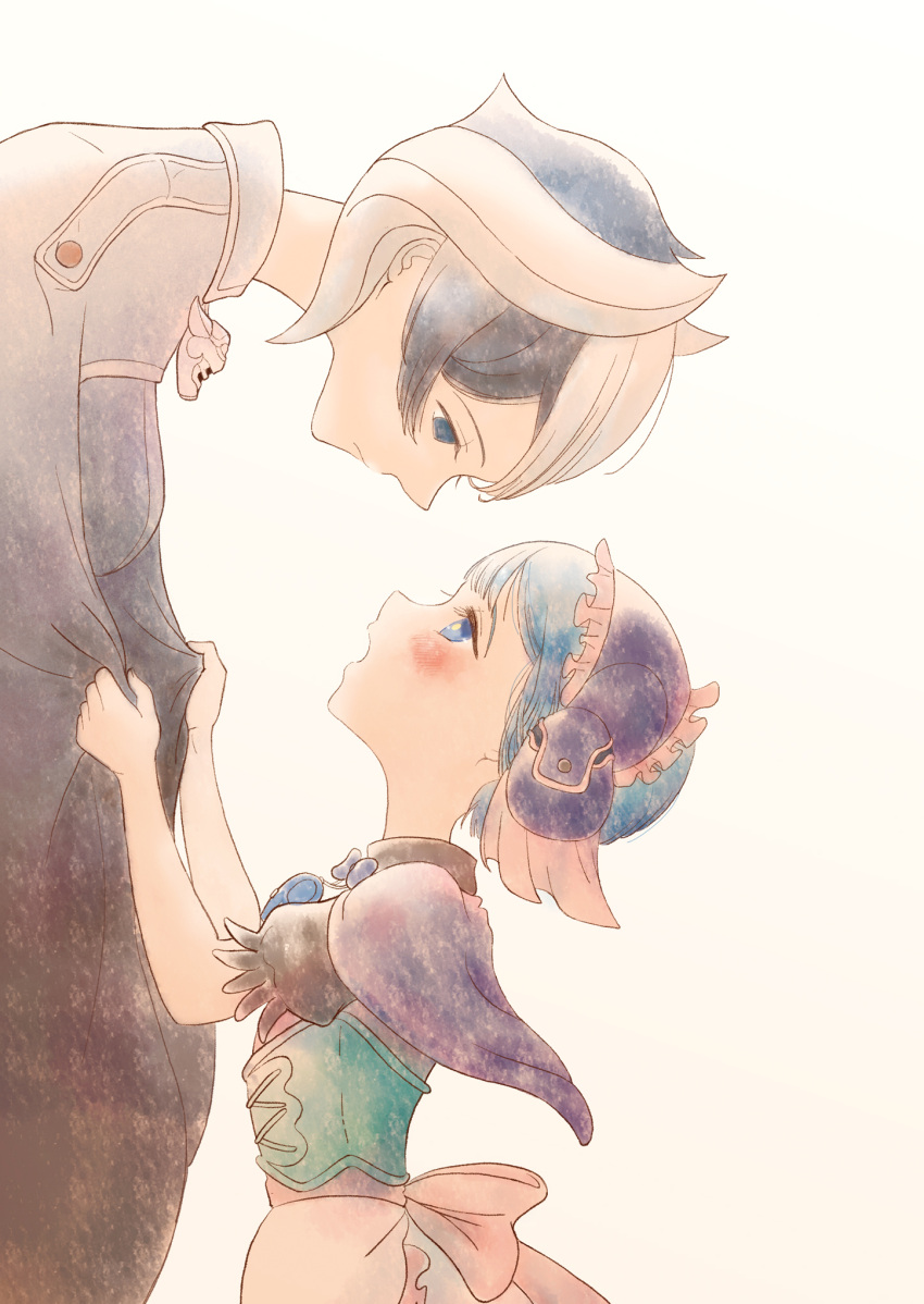 1boy, 1girl, black_hair, blue_eyes, blue_hair, blush, bustier, capelet
