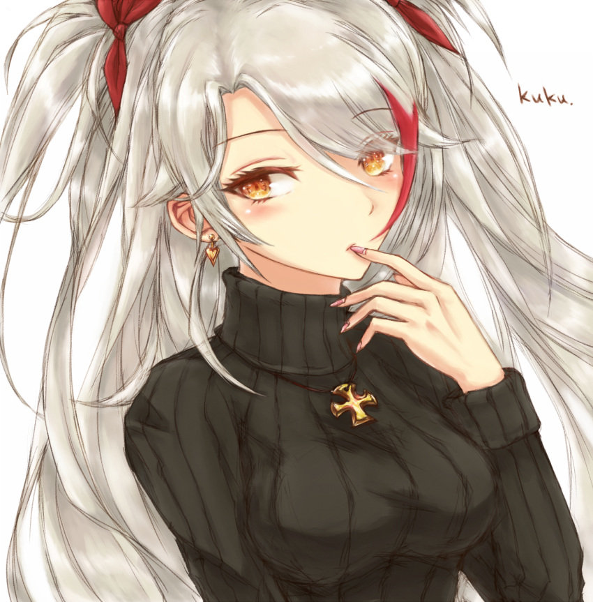 1girl, alternate_costume, azur_lane, black_sweater, blush, breasts, casual, closed_mouth