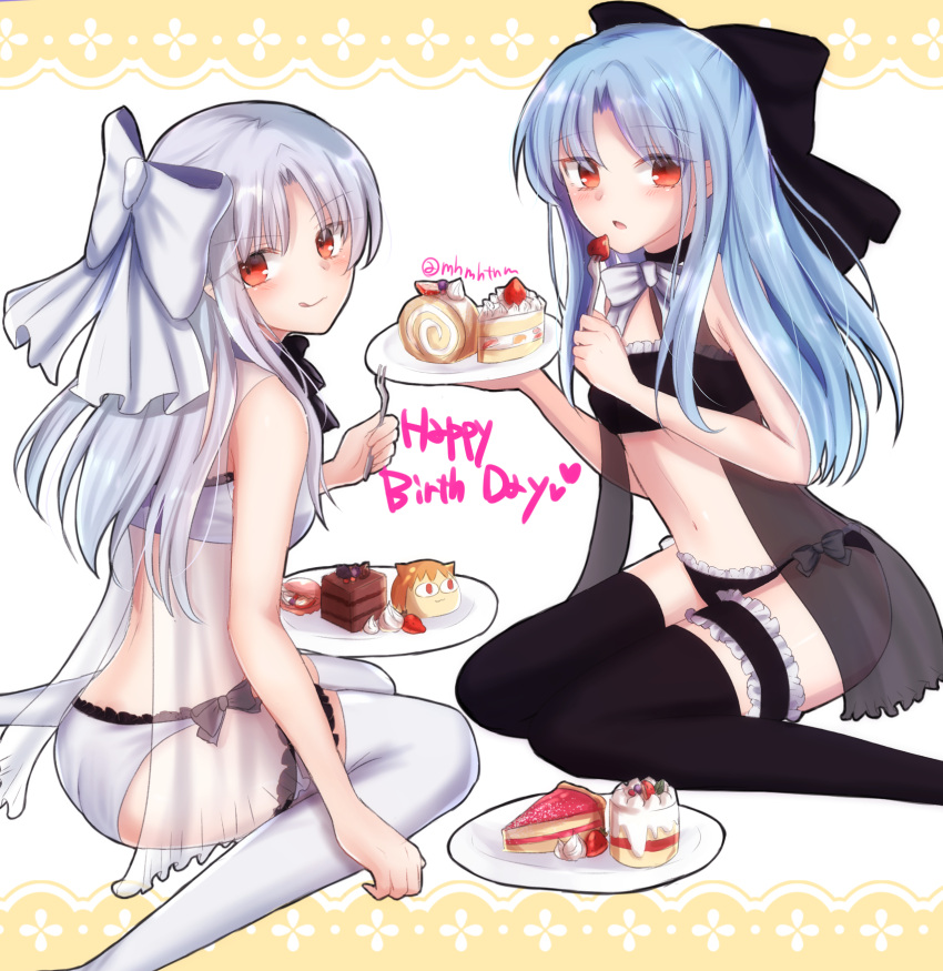 2girls, :q, ass, bangs, black_bra, black_legwear, black_panties, black_thighhighs