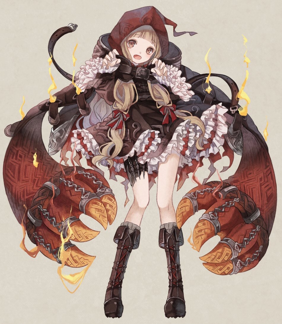 1girl, belt_buckle, blonde_hair, brown_eyes, buckle, claw_pose, cloak, commentary