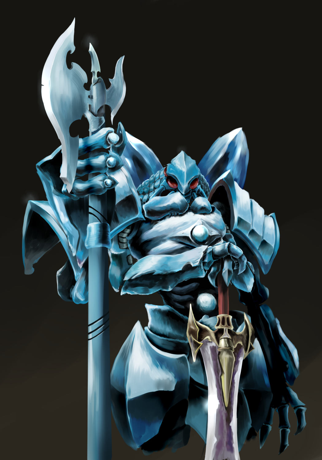 armor, black_background, blue, cocytus_(overlord), commentary_request, cropped_legs, extra_arms, fewer_digits