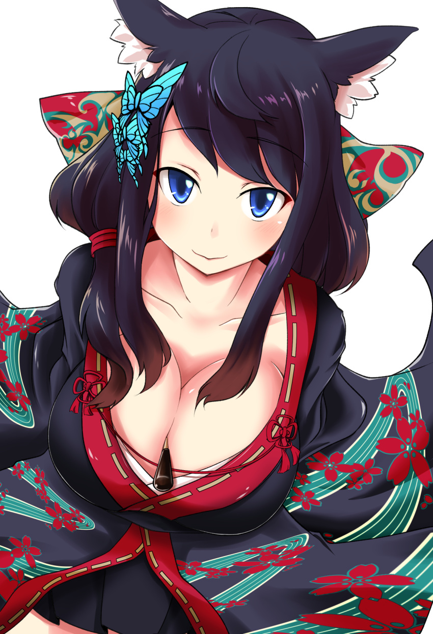 1girl, absurdres, animal_ears, azur_lane, between_breasts, black_hair, blue_eyes, blush