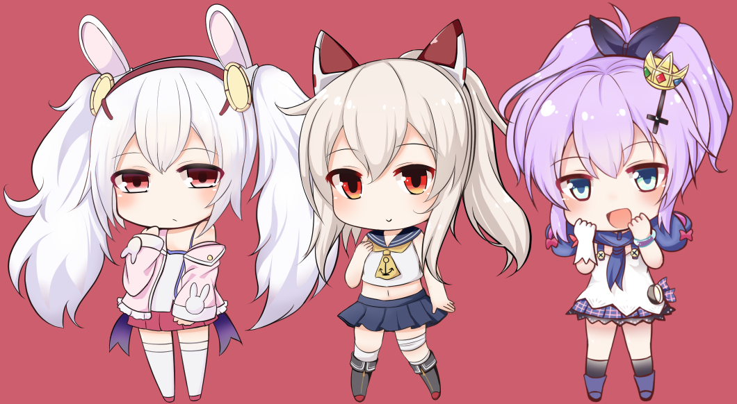 3girls, :d, animal_ears, ayanami_(azur_lane), azur_lane, black_legwear, blue_eyes, chibi