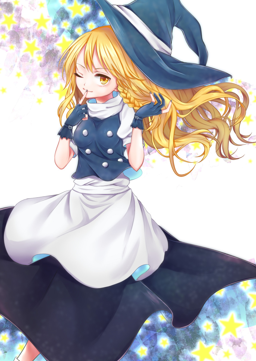 1girl, absurdres, apron, black_gloves, black_hat, black_nails, blonde_hair, braid