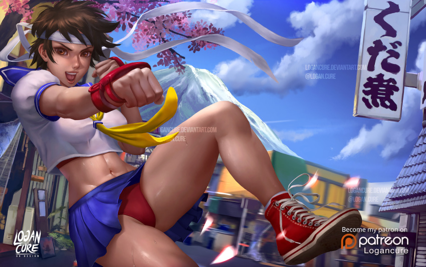 1girl, :d, artist_logo, artist_name, ascot, blue_sailor_collar, blue_skirt, breasts