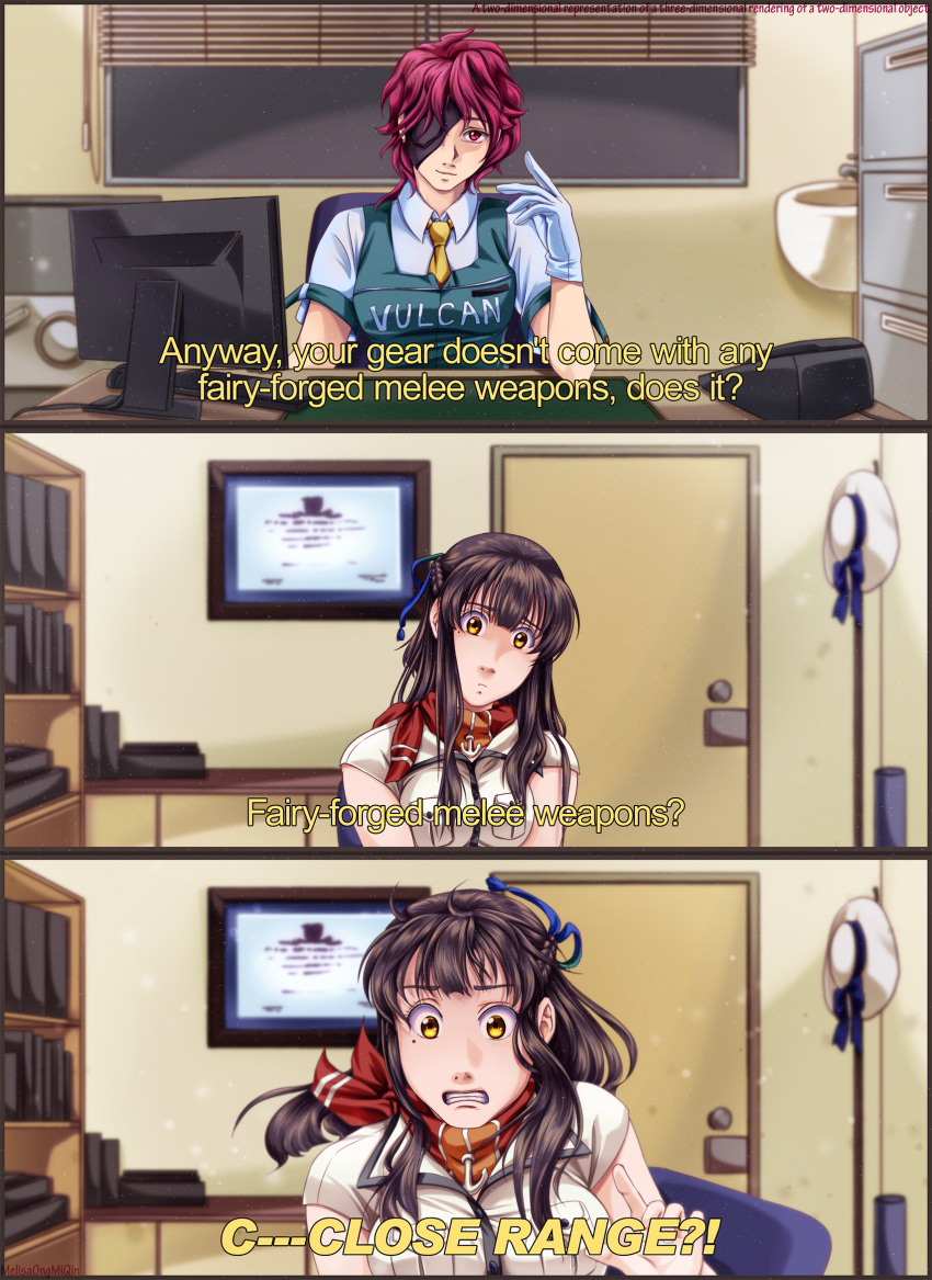 2girls, 3koma, adapted_costume, alternate_hairstyle, black_hair, blue_ribbon, bookshelf, braid