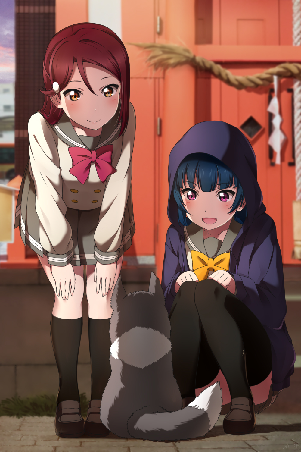 2girls, :d, animal, anko_(love_live!_sunshine!!), bangs, black_footwear, black_legwear, blue_hair