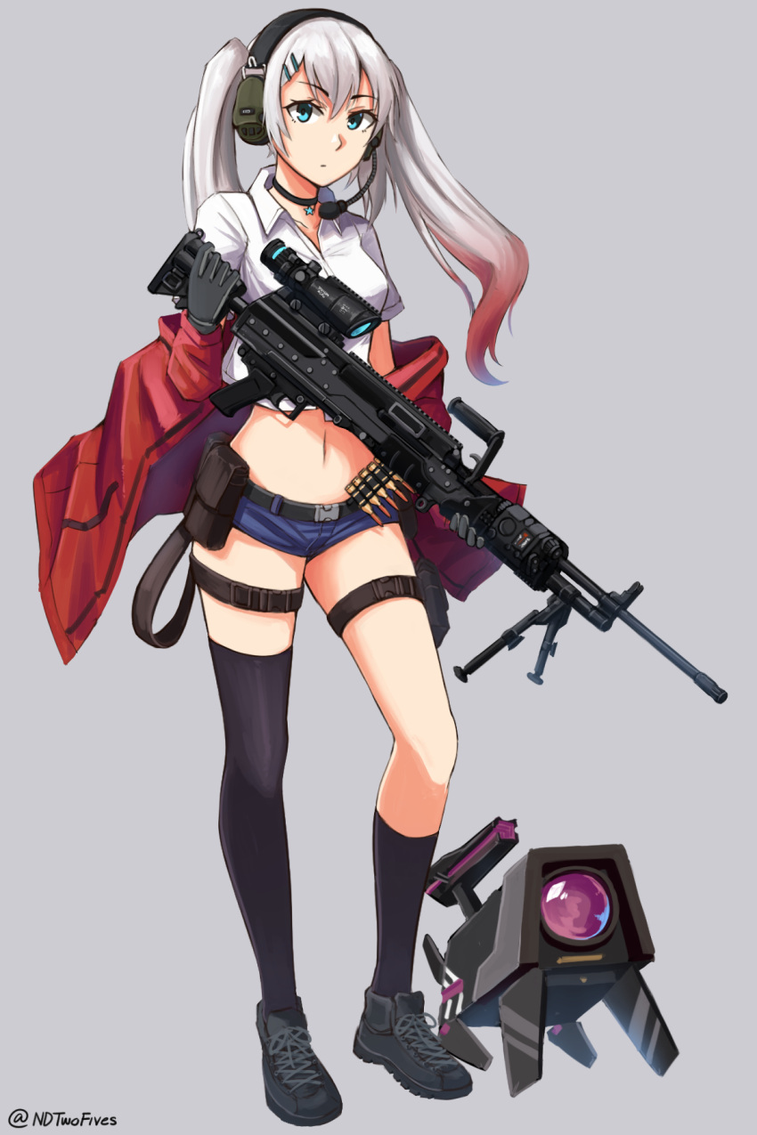1girl, aqua_eyes, asymmetrical_legwear, belt, belt_buckle, belt_pouch, bipod, buckle, choker, crop_top, crop_top_overhang, dinergate_(girls_frontline), general_dynamics_lwmmg, girls_frontline, gloves, gun, headset, highres, holding, holding_gun, holding_weapon, jacket, long_hair, lwmmg_(girls_frontline), machine_gun, midriff, multicolored_hair, ndtwofives, off_shoulder, red_jacket, redhead, scope, shirt, shoes, short_shorts, shorts, silver_hair, thigh-highs, twintails, twitter_username, two-tone_hair, weapon, white_shirt