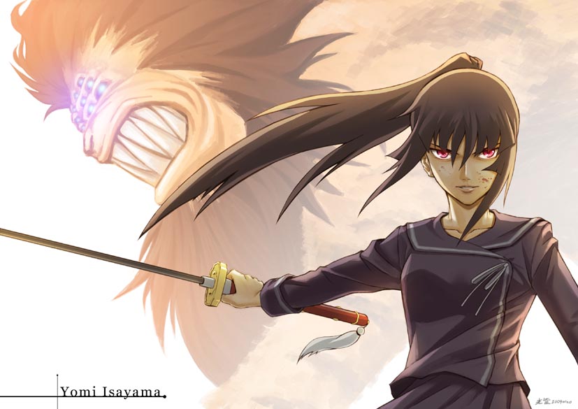blood, ga-rei, ga-rei_zero, isayama_yomi, katana, kongcool, long_hair, purple_eyes