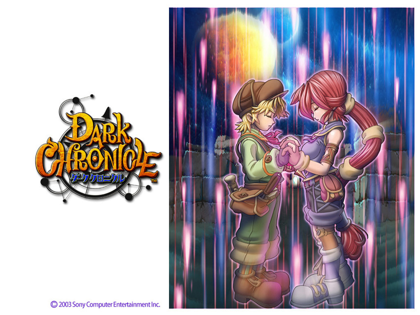 1girl, 2003, dark_chronicle, dark_cloud_2, holding_hands, logo, max, monica