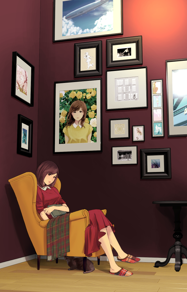 1girl, arm_across_waist, artist_self-reference, book, book_on_lap, breasts, brown_eyes, brown_hair