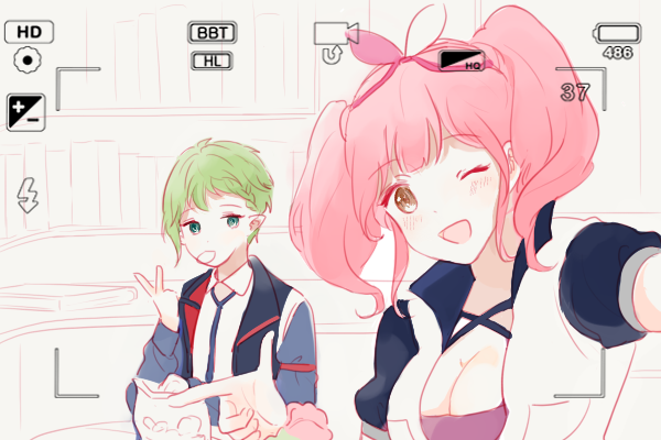 2girls, breasts, commentary, flat_chest, green_eyes, green_hair, large_breasts, macross, macross_delta, makina_nakajima, multiple_girls, orange_eyes, peace_symbol, pink_hair, reina_prowler, self_shot, single_bang, twintails, v, vono