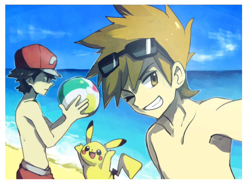 2boys, ball, baseball_cap, beach, beachball, black_hair, expressionless, eyewear_on_head