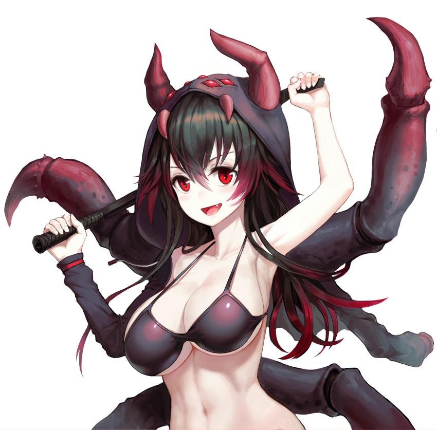 1girl, :d, absurdres, arm_up, armpits, bangs, bikini, bikini_top, black_bikini, black_bikini_top, black_hair, breasts, broodmother, cleavage, collarbone, defense_of_the_ancients, dota_2, eyebrows_visible_through_hair, fang, gradient_hair, greem_bang, hair_between_eyes, hand_up, highres, holding, holding_weapon, hood_up, large_breasts, long_hair, looking_at_viewer, monster_girl, multicolored_hair, navel, open_mouth, personification, purple_hair, red_eyes, redhead, sidelocks, simple_background, smile, solo, spider_legs, swimsuit, upper_body, v-shaped_eyebrows, weapon, whip, white_background