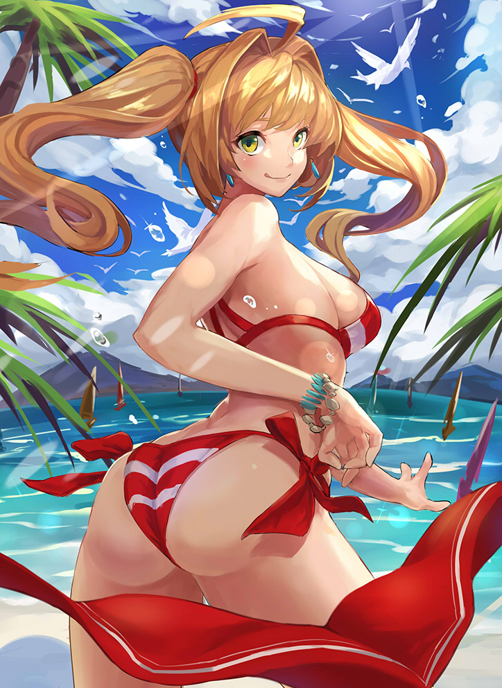 1girl, :q, ass, beach, bikini, bird, blonde_hair, blue_sky, cowboy_shot, day, fate/extra, fate/grand_order, fate_(series), from_behind, green_eyes, halterneck, long_hair, looking_at_viewer, looking_back, mkd78236, mountain, nero_claudius_(swimsuit_caster)_(fate), ocean, outdoors, palm_tree, saber_extra, sarong, side-tie_bikini, sky, smile, solo, striped, striped_bikini, swimsuit, tongue, tongue_out, tree, twintails