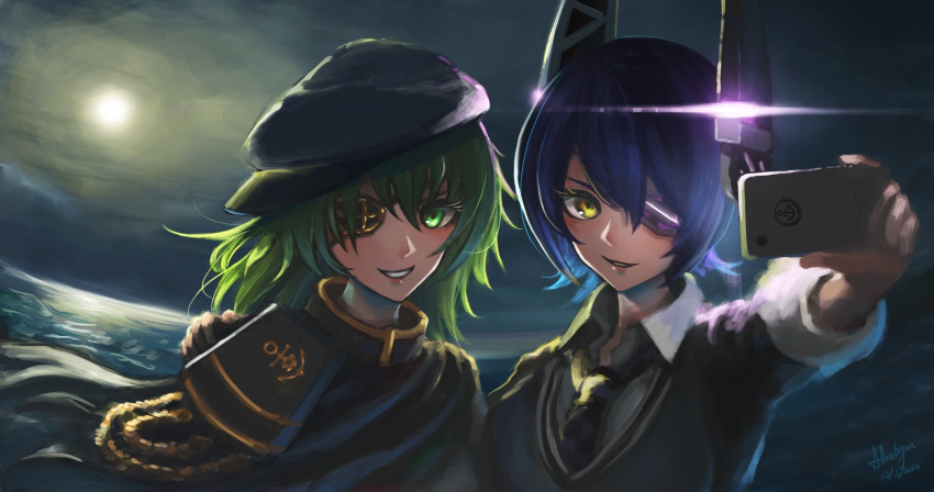 2girls, anchor_symbol, arise_(allicenogalca), cape, cellphone, checkered_neckwear, eyepatch, green_eyes, green_hair, hat, highres, holding, holding_phone, kantai_collection, kiso_(kantai_collection), multiple_girls, necktie, pauldrons, phone, purple_hair, school_uniform, self_shot, short_hair, smartphone, smile, taking_picture, tenryuu_(kantai_collection), yellow_eyes