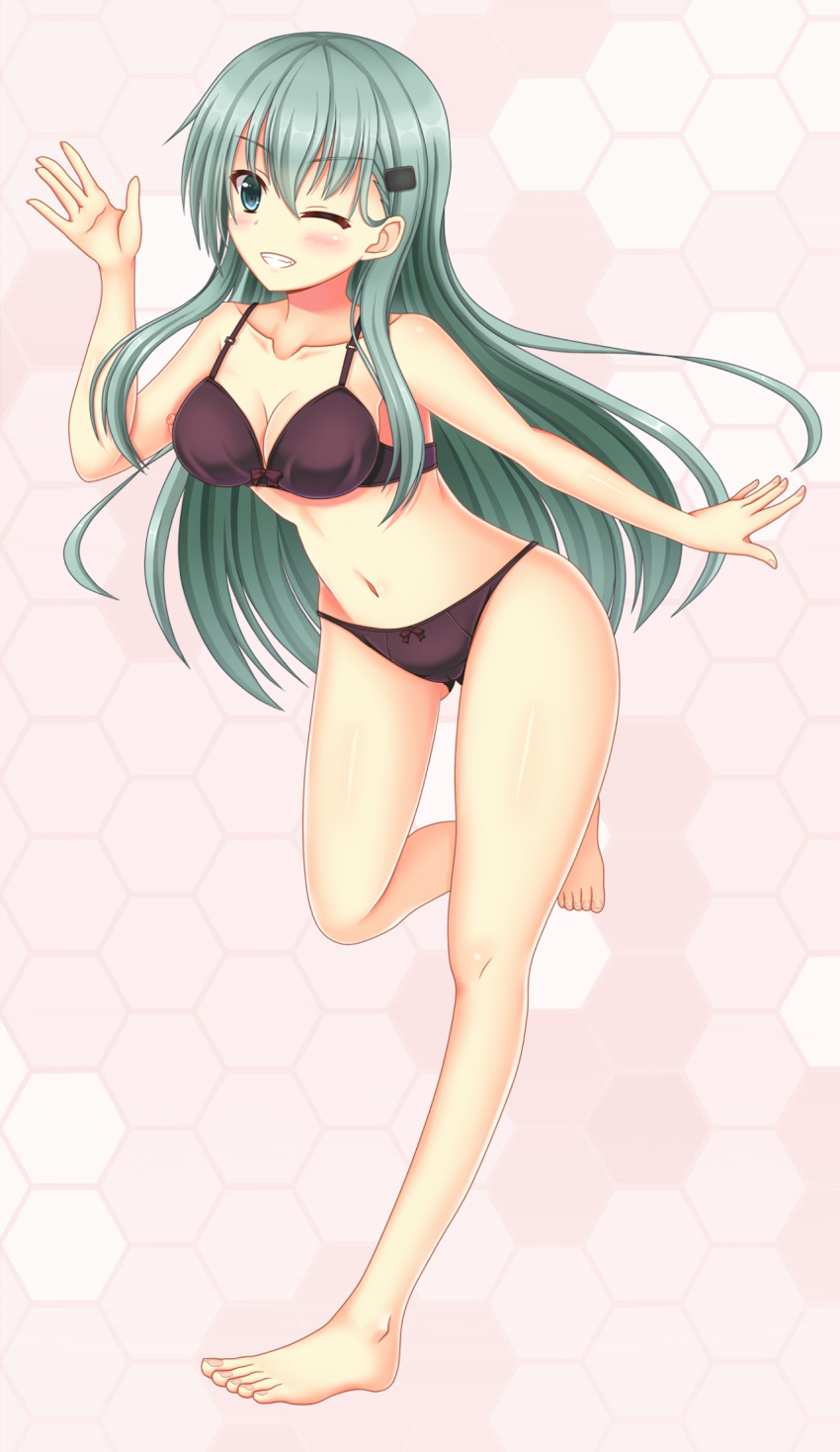 1girl, ;d, barefoot, black_bra, black_panties, blue_eyes, blush, bra