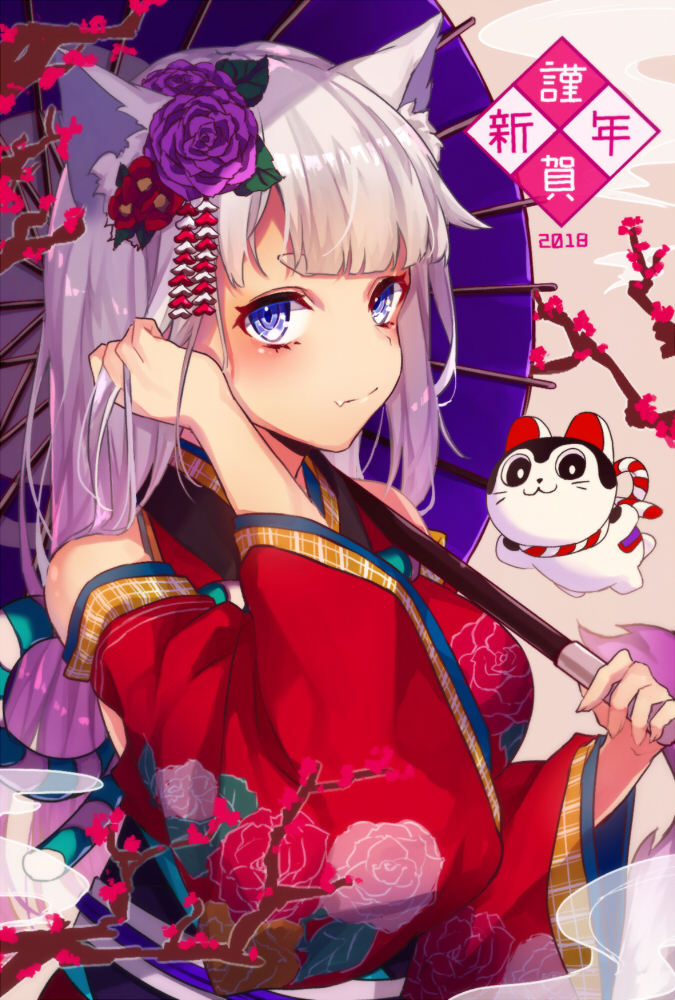 1girl, 2018, animal_ears, blush, camellia, cherry_blossoms, closed_mouth, detached_sleeves