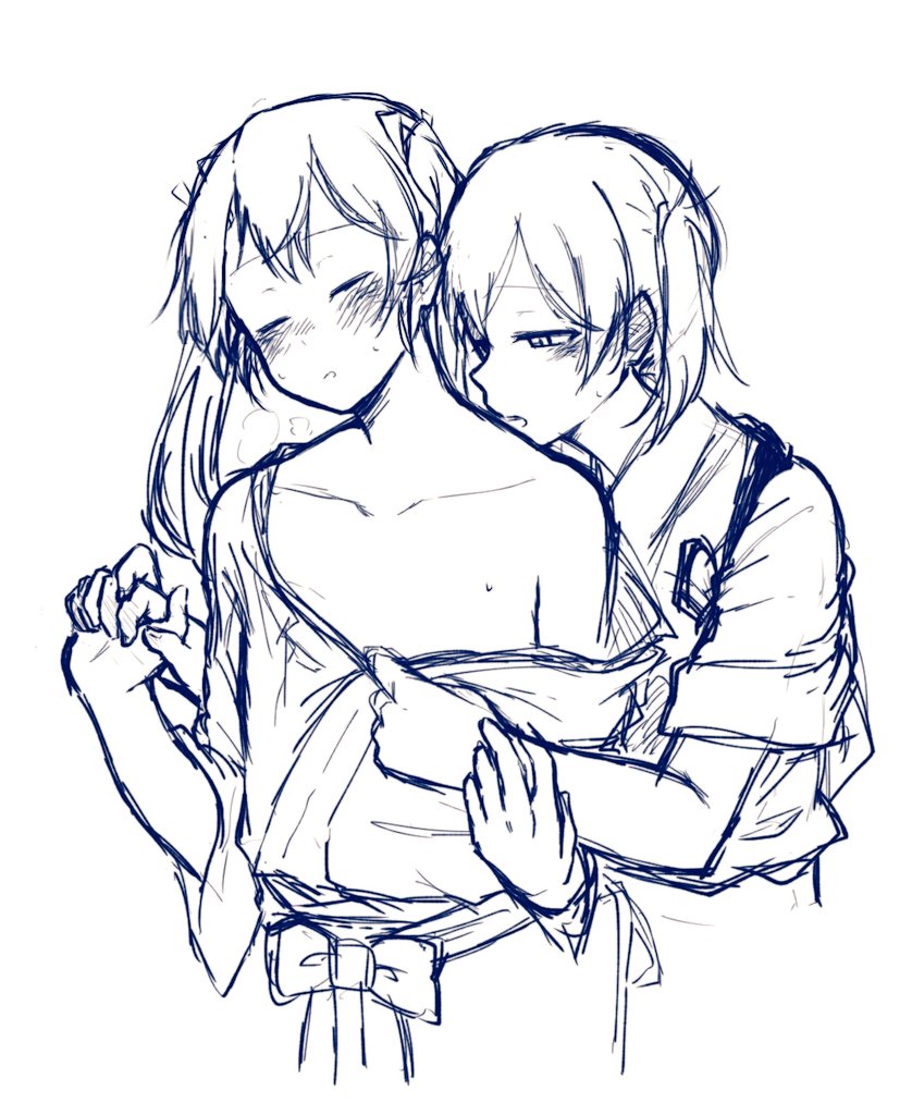 2girls, artist_request, biting_neck, blush, closed_eyes, hand_holding, japanese_clothes, kaga_(kantai_collection), kantai_collection, kissing_neck, monochrome, multiple_girls, ribbon, side_ponytail, twintails, undressing, white_ribbon, yuri, zuikaku_(kantai_collection)