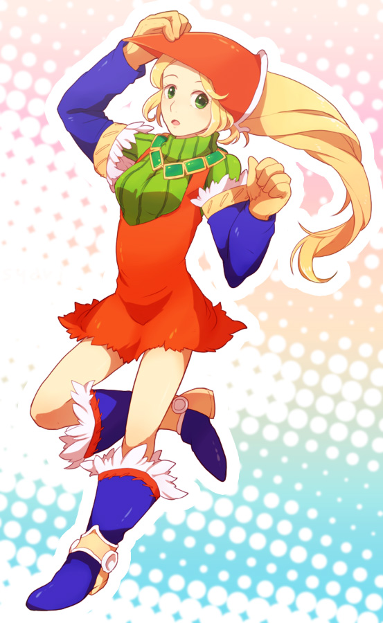 1girl, blonde_hair, breasts, dress, gloves, green_eyes, head_scarf, kawabeno_jari, long_hair, looking_at_viewer, meythia, open_mouth, saga, saga_frontier_2, solo