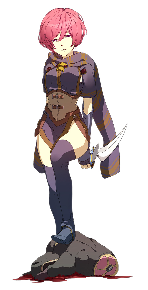 1girl, black_legwear, breasts, full_body, gloves, looking_at_viewer, nel_zelpher, pikkyo, redhead, scarf, short_hair, solo, star_ocean, star_ocean_till_the_end_of_time, thigh-highs, violet_eyes