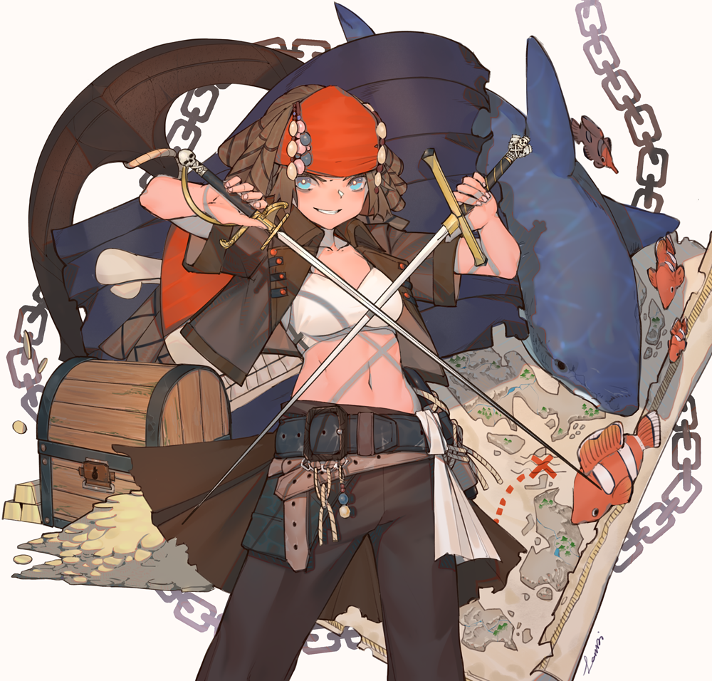 1girl, belt, blue_eyes, blush, breasts, brown_hair, clownfish, dual_wielding