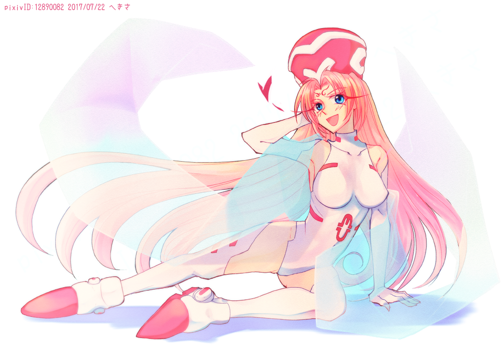 1girl, :d, bangs, blue_eyes, dated, elbow_gloves, full_body, gloves, hat, heart, hekisa, houshin_engi, impossible_clothes, impossible_leotard, leotard, long_hair, looking_at_viewer, open_mouth, parted_bangs, pink_hair, red_hat, sash, see-through, shoes, signature, smile, so_dakki, solo, thigh-highs, white_background, white_footwear, white_gloves, white_legwear, white_leotard