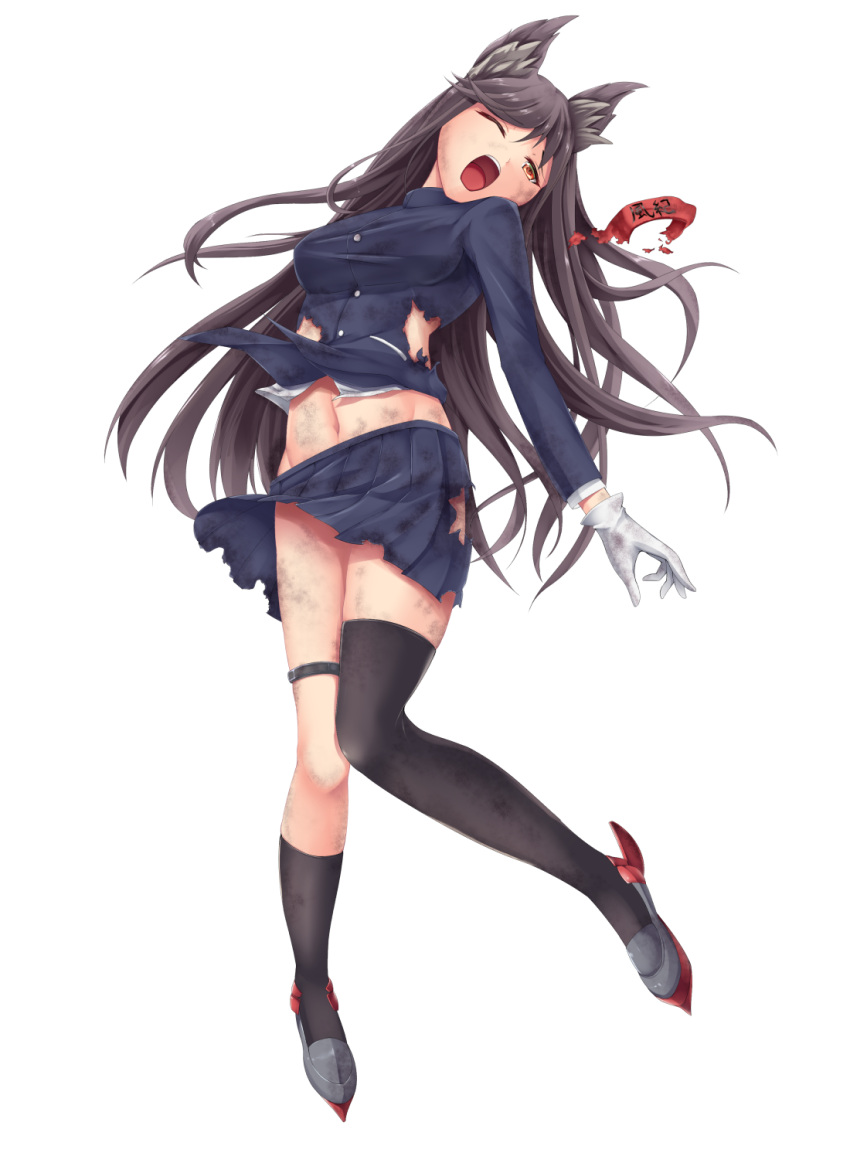 1girl, animal_ears, azur_lane, blue_jacket, blue_skirt, brown_eyes, brown_hair, fox_ears, gloves, highres, jacket, kirimori_toya, long_hair, myoukou_(azur_lane), myoukou_pose, one_eye_closed, open_mouth, parody, pleated_skirt, skirt, solo, torn_clothes, white_background, white_gloves