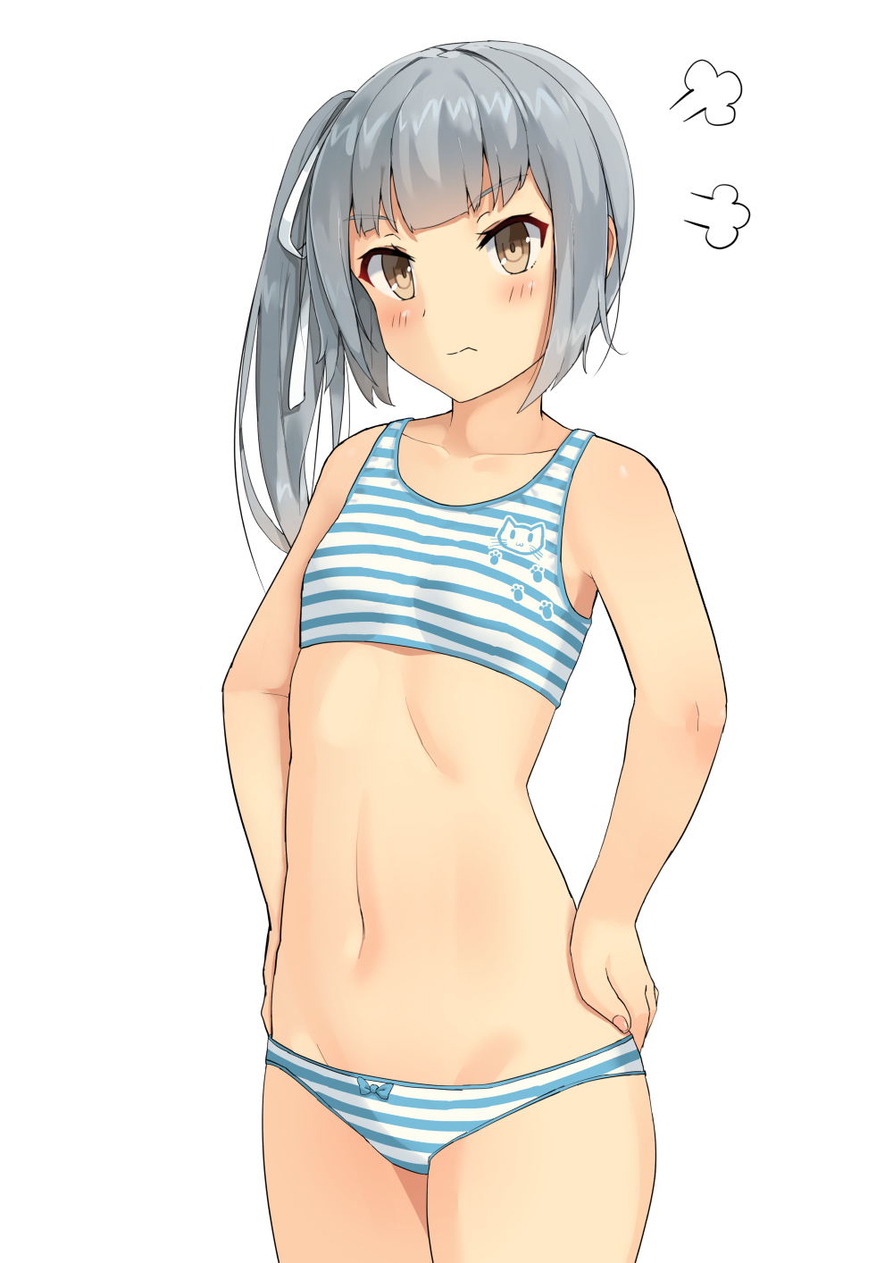 1girl, angry, blue_bra, blue_panties, bow, bow_panties, bra, brown_eyes