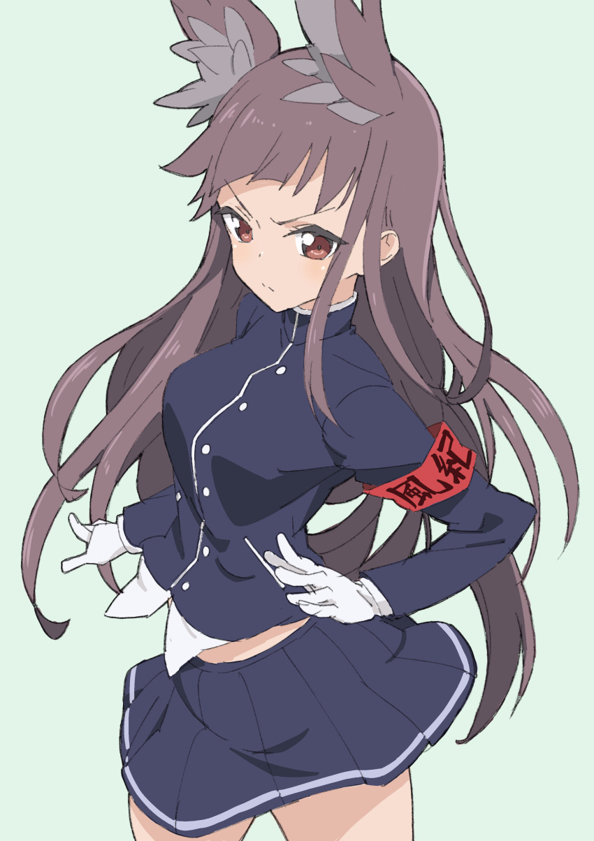 1girl, absurdres, animal_ears, armband, azur_lane, blue_background, blue_jacket, blue_skirt