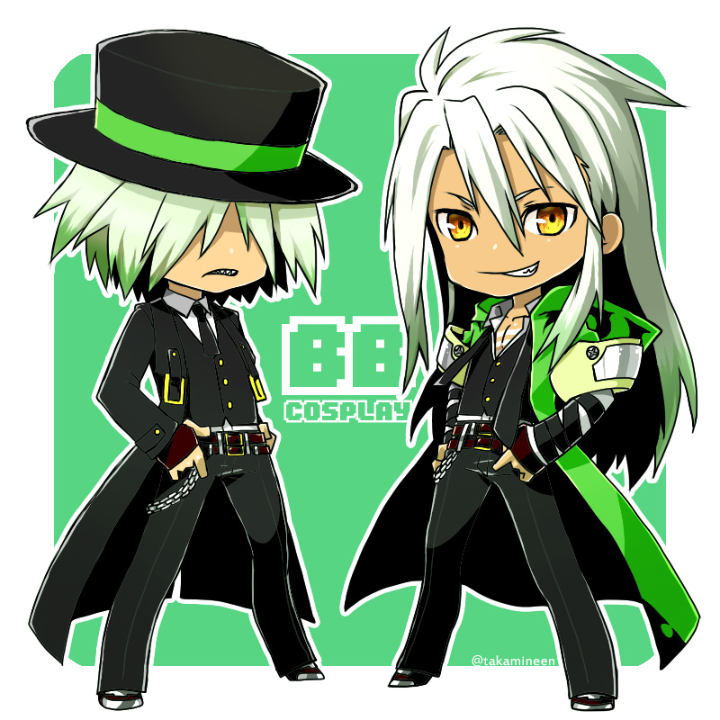 2boys, belt, black_coat, black_hat, black_neckwear, black_pants, blazblue, cosplay