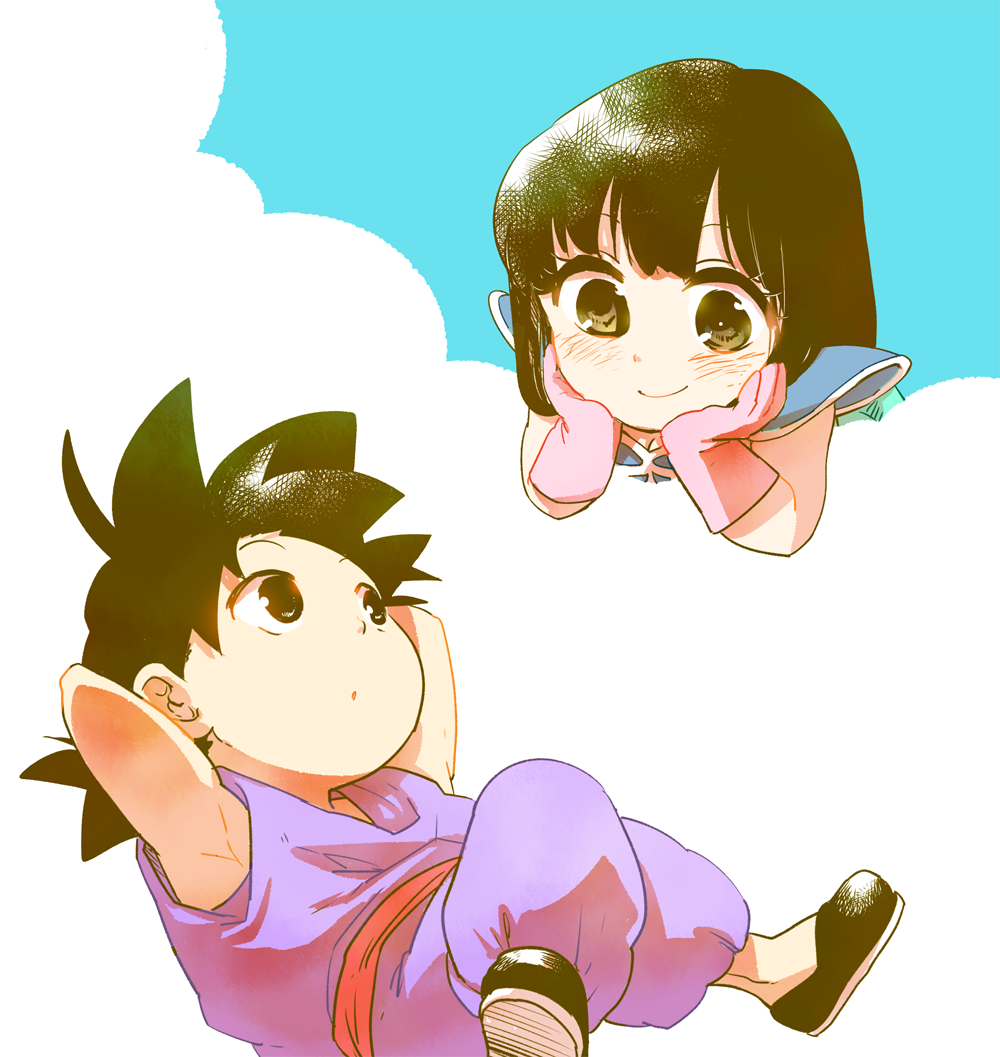 1boy, 1girl, :o, armor, arms_behind_head, bikini_armor, black_eyes, black_hair