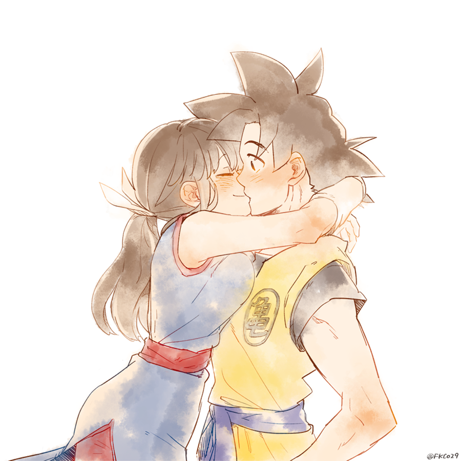 1boy, 1girl, arms_around_neck, black_eyes, black_hair, chi-chi_(dragon_ball), chinese_clothes, closed_eyes, dougi, dragon_ball, eyebrows_visible_through_hair, fukuko_fuku, hug, kiss, looking_at_another, ponytail, simple_background, son_gokuu, spiky_hair, twitter_username, white_background, wristband