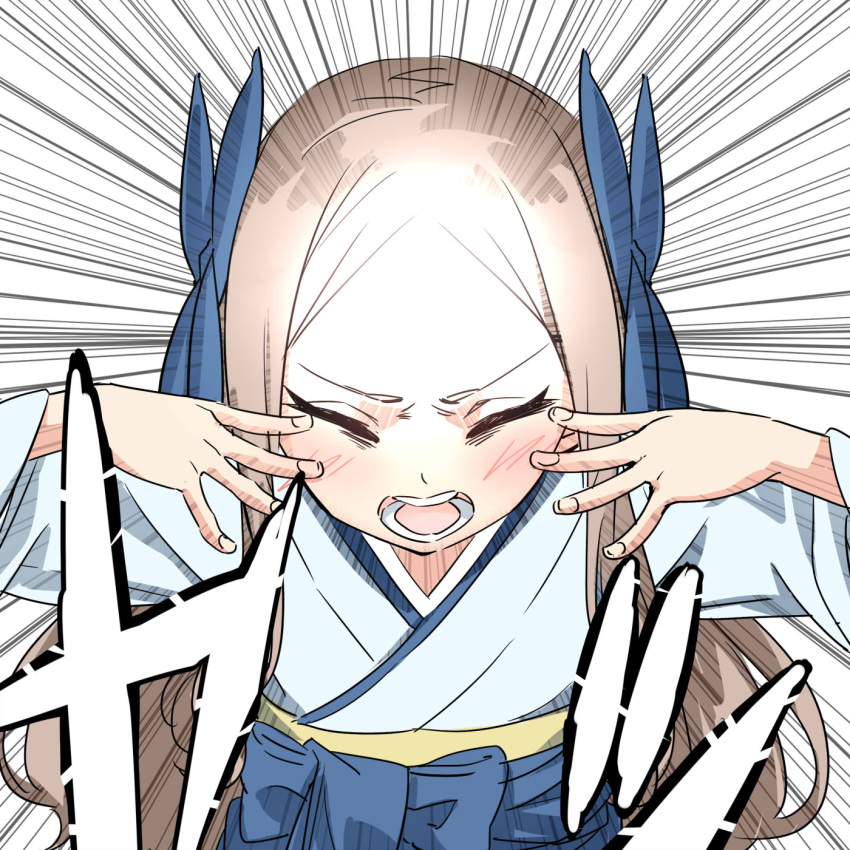1girl, asakaze_(kantai_collection), bangs, blue_bow, blush, bow, brown_hair, closed_eyes